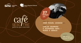 Banner de evento com fundo marrom e formas abstratas, trazendo no topo os logotipos do Sesc, Fec...