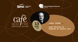A imagem publicitária de fundo marrom com linhas curvas abstratas anuncia o evento "Café SESC | ...