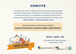 Convite com fundo claro e detalhes em azul anuncia um sarau cultural com literatura, música e ar...