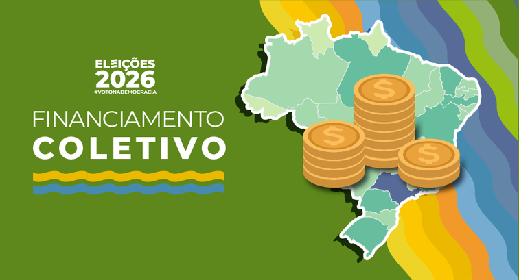 Banner com identidade visual das Eleições 2026 sobre financiamento coletivo