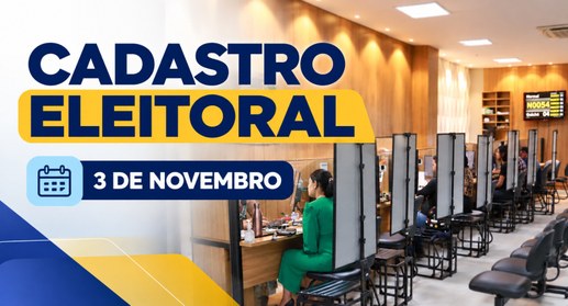 exibe um material gráfico informativo que destaca as palavras "CADASTRO ELEITORAL" em letras gra...
