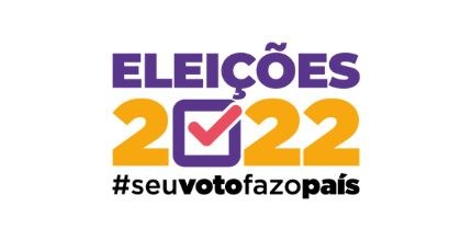 Logo das Eleições 2022 ( formada pelo nome ELEIÇÕES, em letras roxas. Abaixo o número 2022, em l...