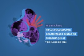 Banner de divulgação com fundo azul-escuro. À esquerda, há uma composição gráfica abstrata com f...