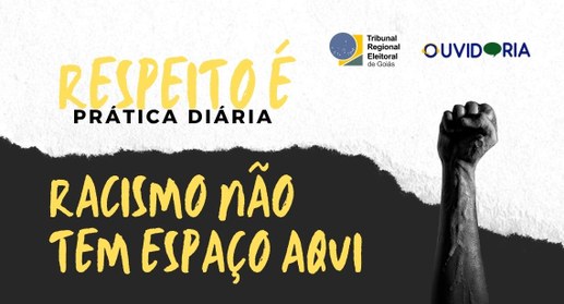 Uma imagem institucional de campanha antirracista com fundo dividido horizontalmente por um efei...