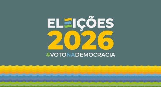 Banner gráfico com o texto "ELEIÇÕES 2026" e a hashtag "#VOTONADEMOCRACIA" centralizados sobre f...